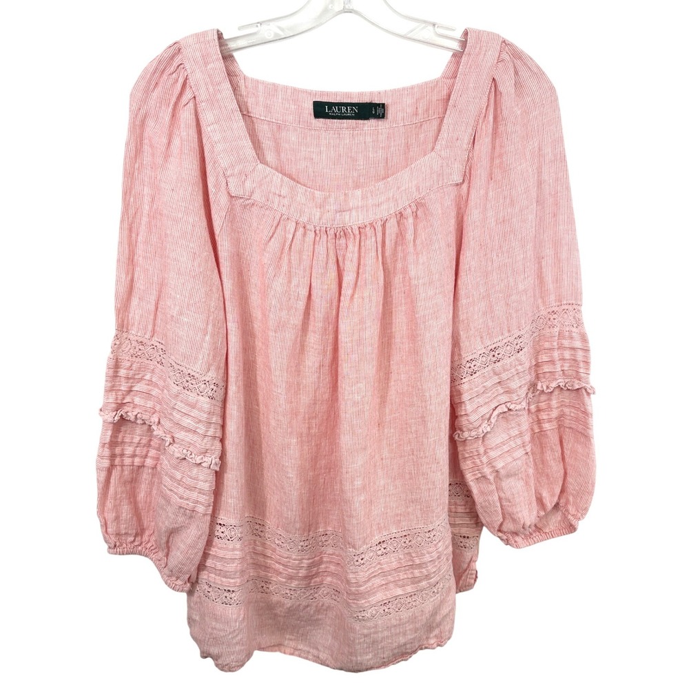 Lauren Ralph Lauren Large Top Pink Striped Linen Crochet Lace Cottagecore 1041